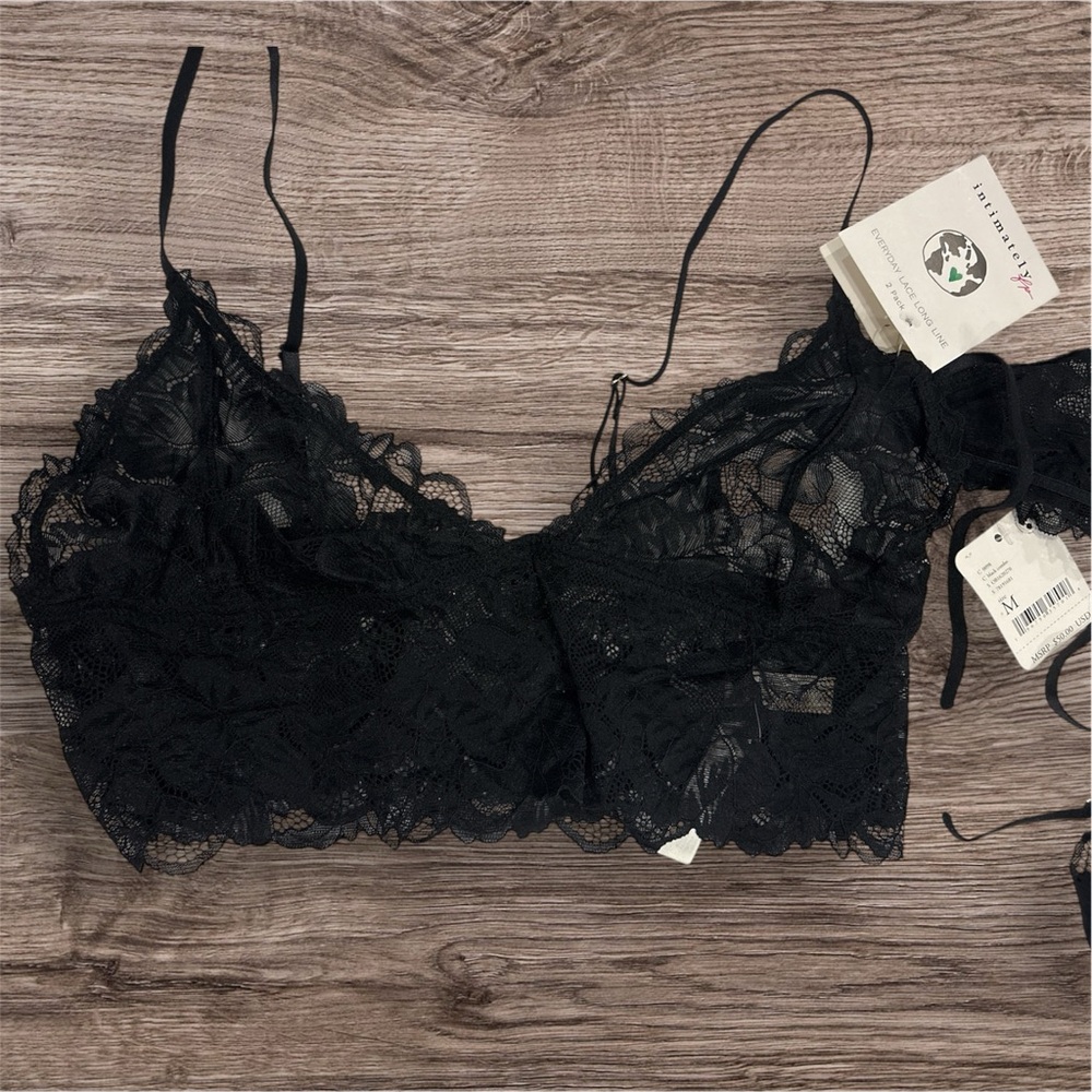 Free People Intimidate Everyday Lace Long Line Black Bralette 2 Pack NWT/ Med